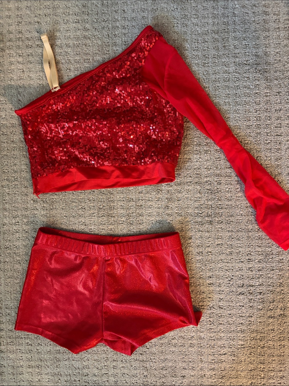 Red Sequin One-Shoulder Dance Set 10youth